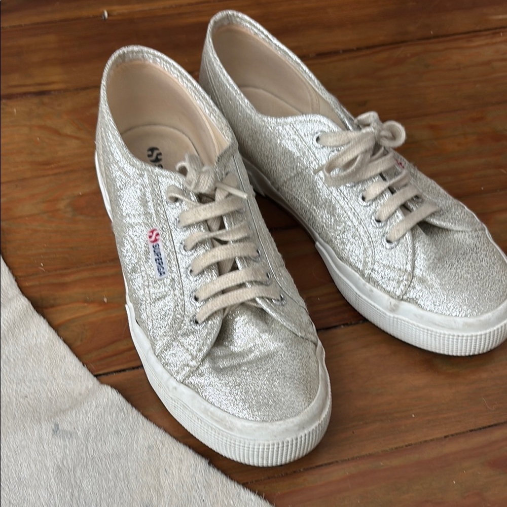 Superga Silver Sneakers with Chunky Platform and Glitter Finish